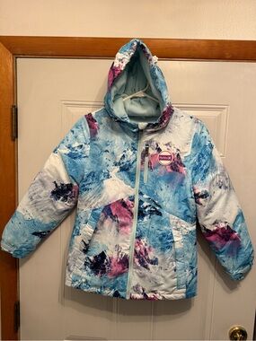 Hurley Girls' Blue & Pink Printed Hooded Winter Jacket SZ Med 10/12